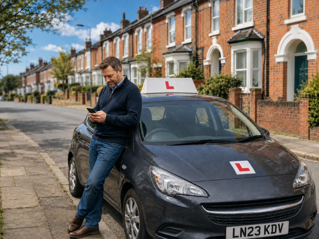 Driving instructor leaning against a learner car on a sunny UK residential street while checking his phone.