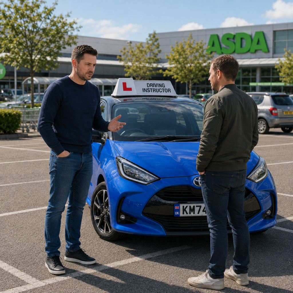 Two men talking beside a blue driving instructor car in a public car park, arranging to buy the vehicle