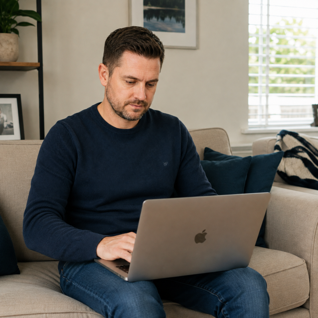 Man sitting on a sofa creating an online car listing on his laptop