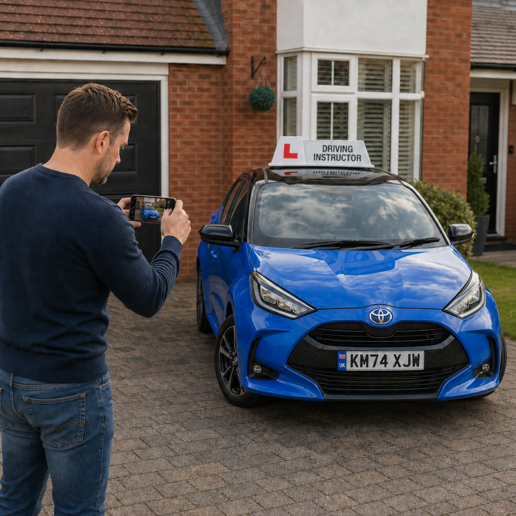 Man photographing the front of his blue Toyota Yaris driving instructor car on his phone before listing it for sale