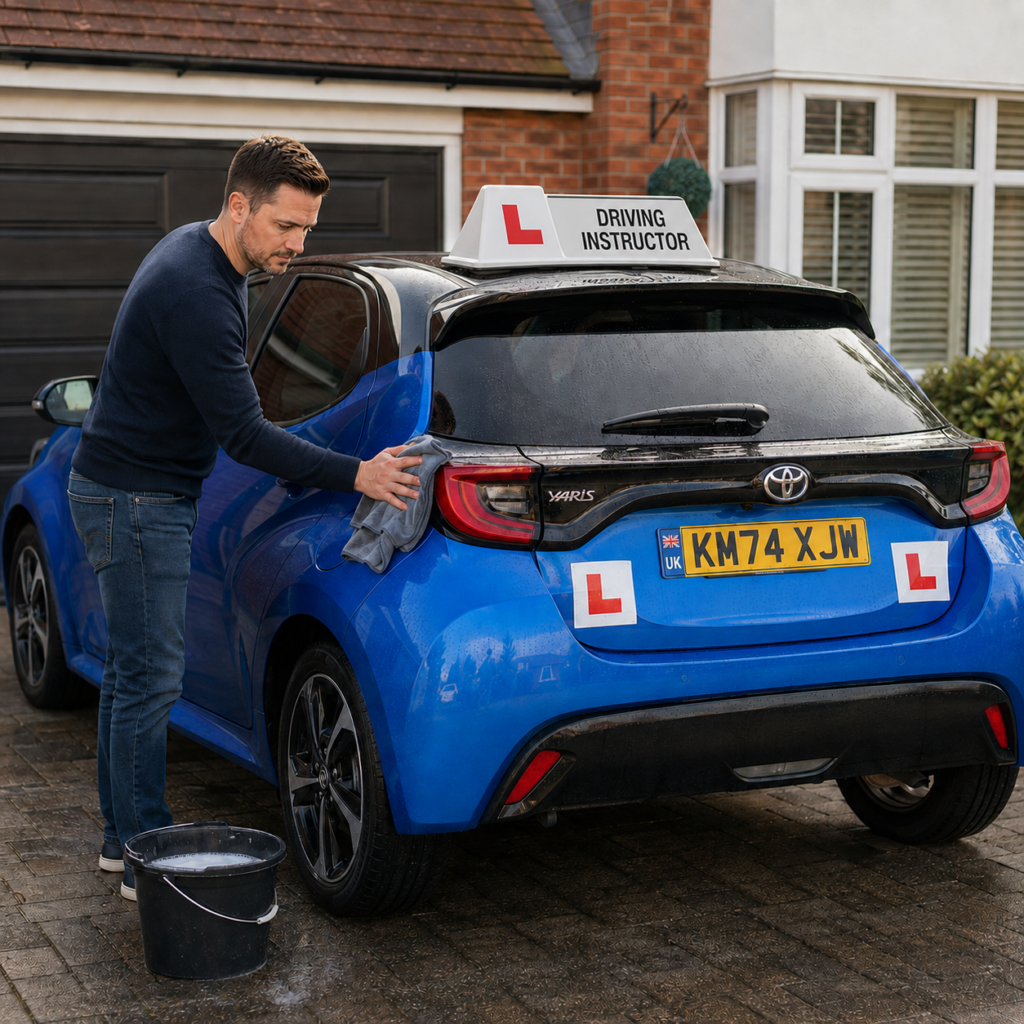 Man cleaning the rear of a blue Toyota Yaris driving instructor car with L-plates and a roof sign on a driveway