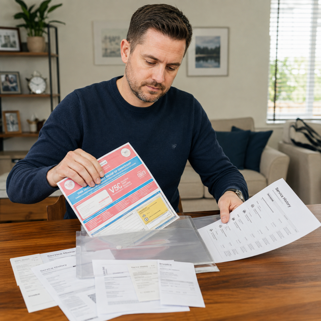 Man reviewing a V5C logbook and service history documents at a table while preparing to sell his car