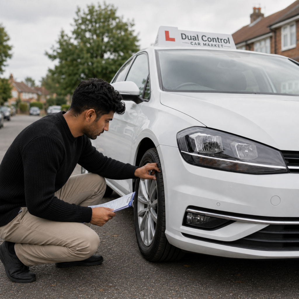 Driving instructor checking tyre condition during a dual control car inspection