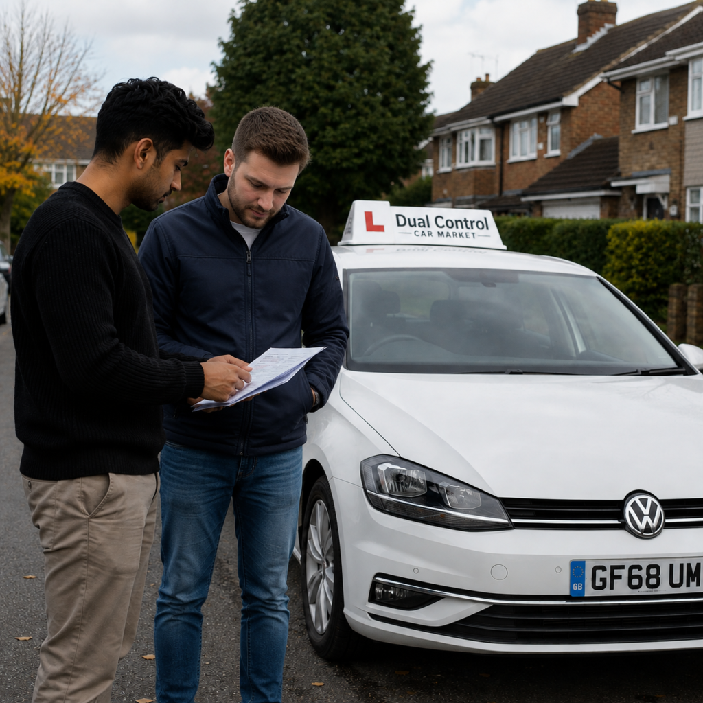 Buyer and seller reviewing vehicle paperwork before completing a dual control car sale