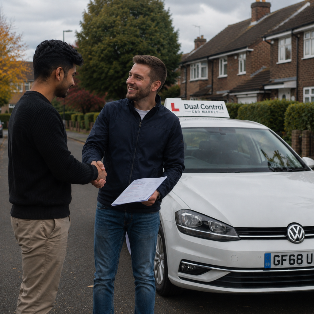 Driving instructor and seller shaking hands after buying a dual control car with paperwork