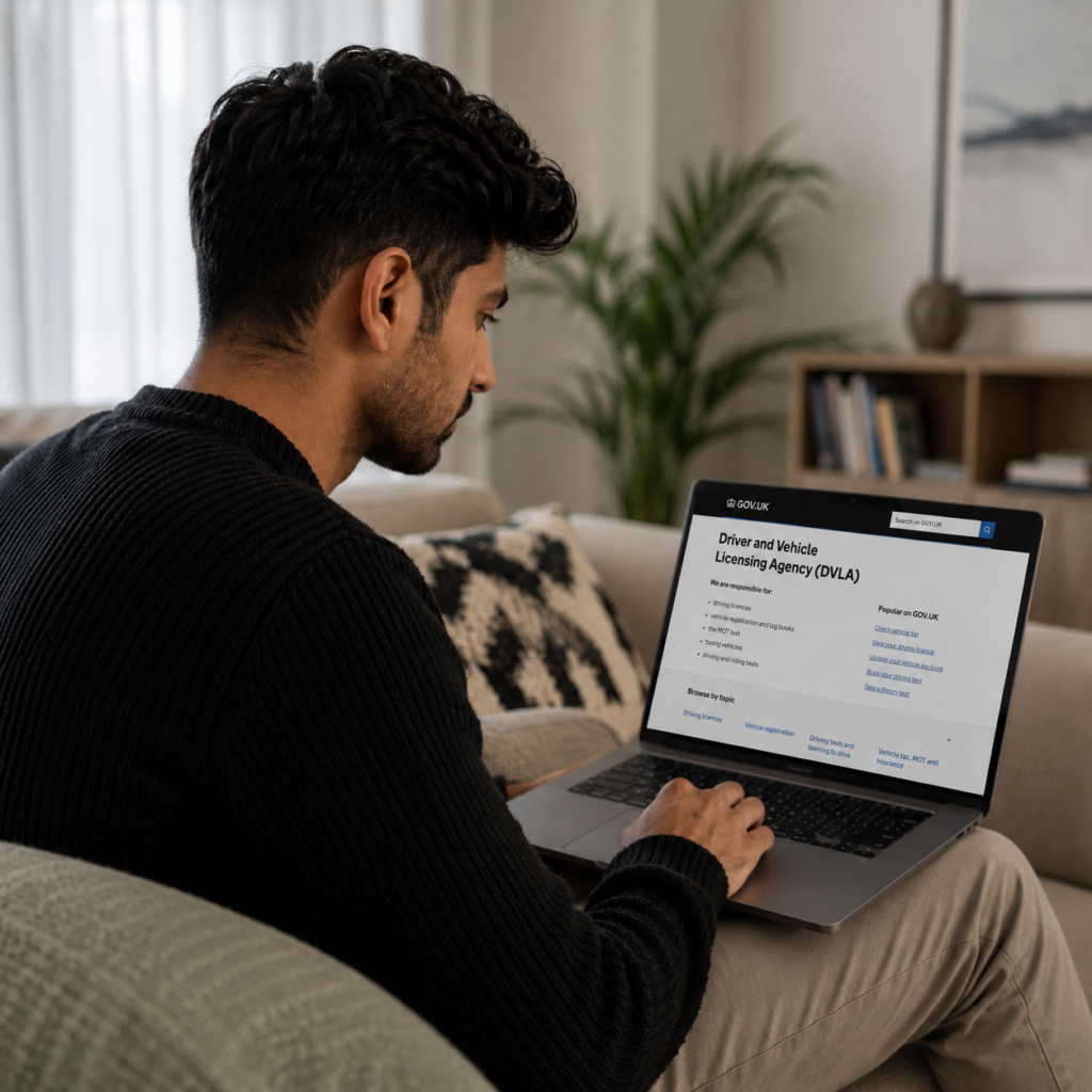Driving instructor checking DVLA vehicle log book and registration details before buying a car