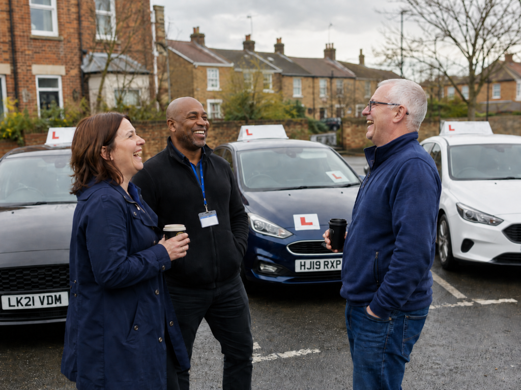 Three driving instructors laughing together in a UK car park, with learner cars displaying red L plates parked behind them.