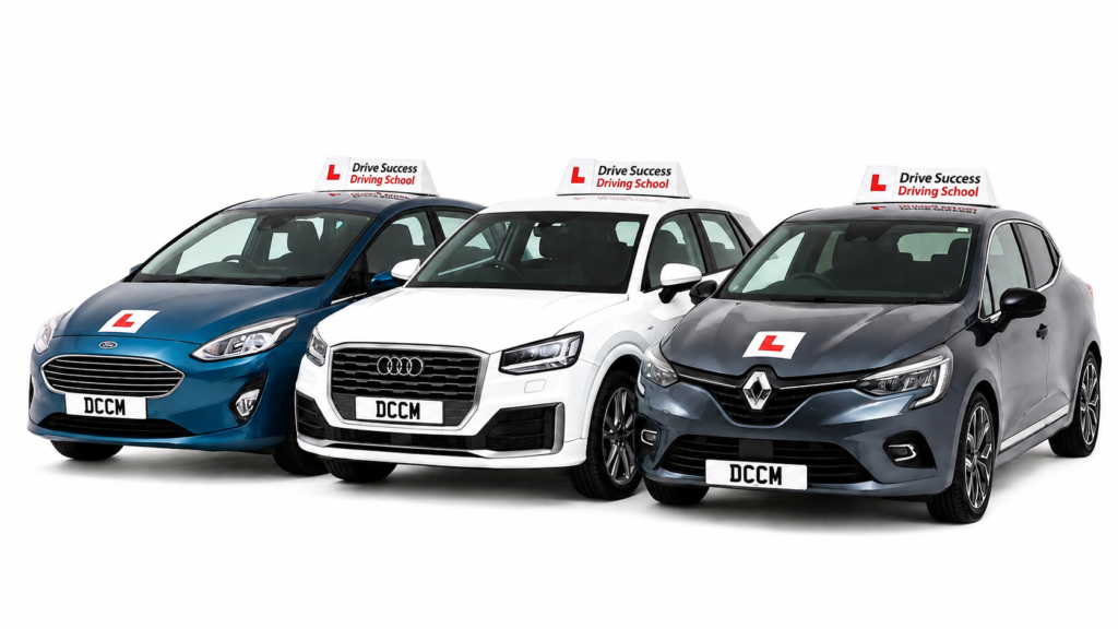 Three hatchback learner cars (blue Ford, white Audi, grey Renault) with "Drive Success Driving School" signs and "L" plates