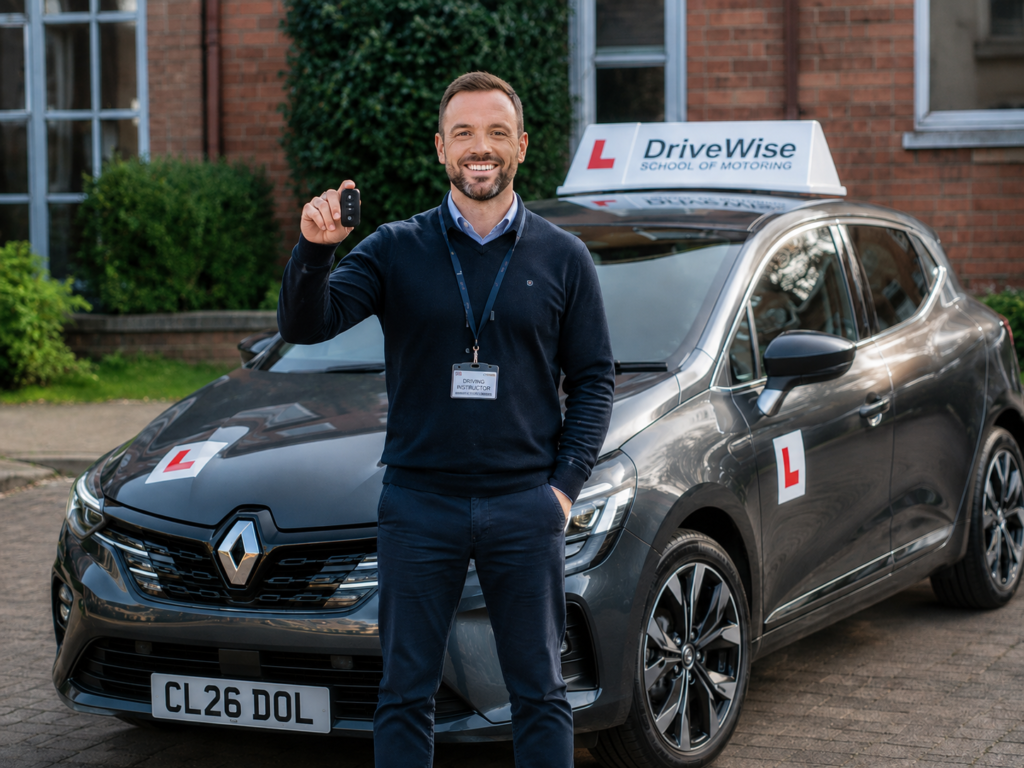 Smiling UK driving instructor holding a car key fob in front of a grey Renault Clio learner car with L plates and a rooftop driving school sign.