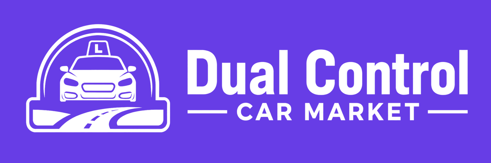 Dual Control Car Market Logo Landscape White on Purple sign